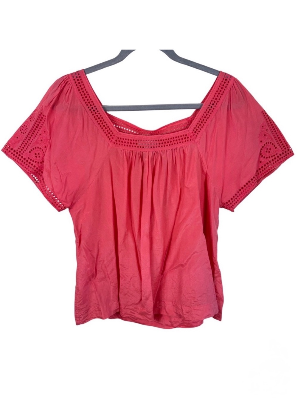 J.Crew Women 12 Coral Pink Eyelet Trim Square Neck Silk Cotton Blouse Top